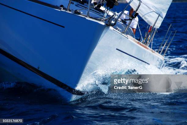 close up of sailing boat, sail boat or yacht at sea - ships bow stock pictures, royalty-free photos & images
