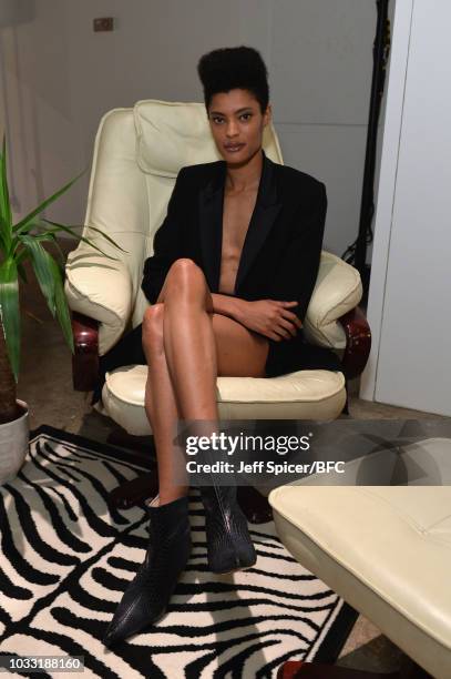 Model wears shoes by Kalda at the DiscoveryLAB during London Fashion Week September 2018 at BFC Designer Showrooms on September 14, 2018 in London,...