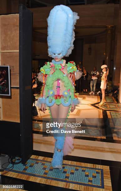 Model walks the runway at the Pam Hogg show during London Fashion Week September 2018 at The Freemason's Hall on September 14, 2018 in London,...