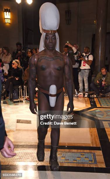 Walks the runway at the Pam Hogg show during London Fashion Week September 2018 at The Freemason's Hall on September 14, 2018 in London, England.