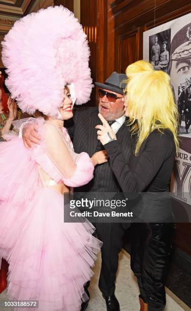 Ellie Rae Winstone, Ray Winstone and Pam Hogg pose backstage at the Pam Hogg show during London Fashion Week September 2018 at The Freemason's Hall...