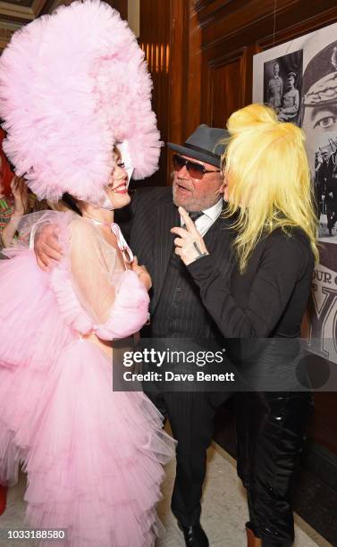 Ellie Rae Winstone, Ray Winstone and Pam Hogg pose backstage at the Pam Hogg show during London Fashion Week September 2018 at The Freemason's Hall...