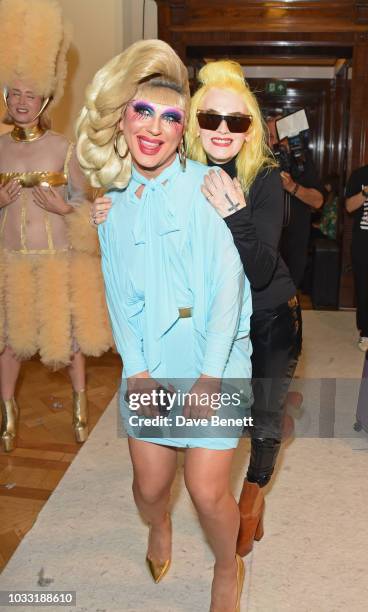 Jodie Harsh and Pam Hogg pose backstage at the Pam Hogg show during London Fashion Week September 2018 at The Freemason's Hall on September 14, 2018...