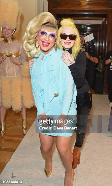 Jodie Harsh and Pam Hogg pose backstage at the Pam Hogg show during London Fashion Week September 2018 at The Freemason's Hall on September 14, 2018...