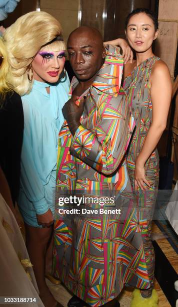 Jodie Harsh, ROY INC and Betty Bachz pose backstage at the Pam Hogg show during London Fashion Week September 2018 at The Freemason's Hall on...