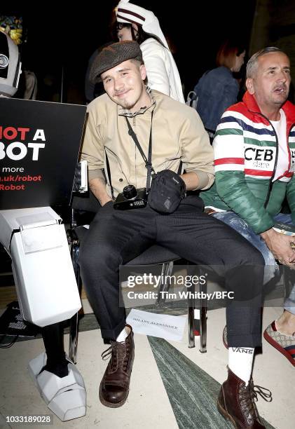 Brooklyn Beckham and DJ Fat Tony attend the Pam Hogg Show during London Fashion Week September 2018 at Freemasons Hall on September 14, 2018 in...