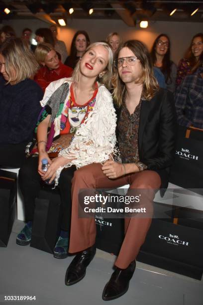 Harriet Verney and Bunny Kinney attend the Matty Bovan front row during London Fashion Week September 2018 at the BFC Show Space on September 14,...