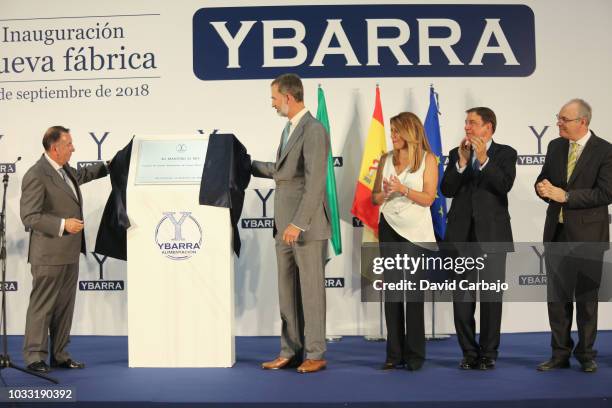 His Majesty King Felipe VI inaugurates with Susana Diaz President of the Junta de Andalucian the new factory of Ybarra on September 14, 2018 in...