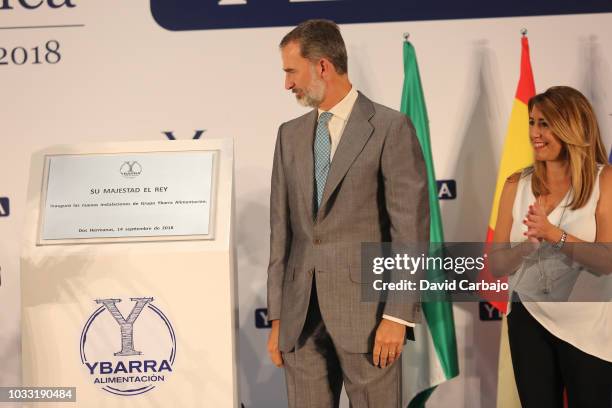 His Majesty King Felipe VI inaugurates with Susana Diaz President of the Junta de Andalucian the new factory of Ybarra on September 14, 2018 in...