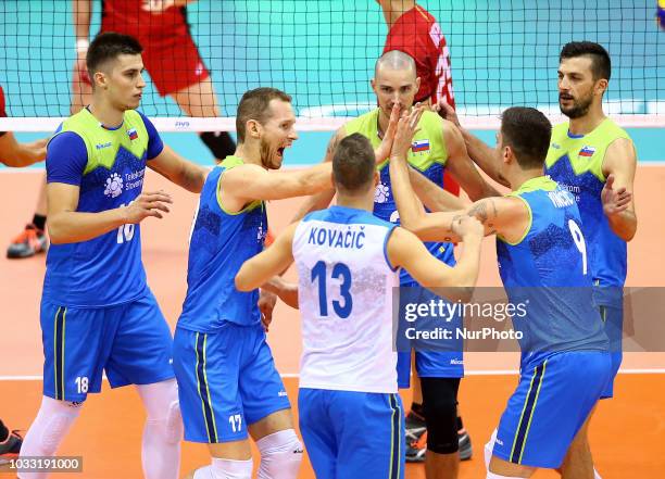 Japan v Slovenia - FIVP Men's World Championship Slovenia celebrates at Mandela Forum in Florence, Italy on September 14, 2018 Photo Matteo Ciambelli...