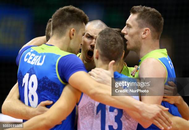 Japan v Slovenia - FIVP Men's World Championship Slovenia celebrates at Mandela Forum in Florence, Italy on September 14, 2018 Photo Matteo Ciambelli...