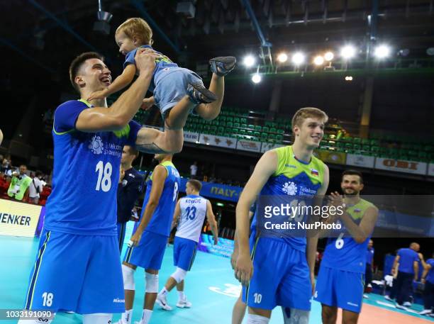 Japan v Slovenia - FIVP Men's World Championship Klemen Cebulj of Slovenia celebrates with his baby at Mandela Forum in Florence, Italy on September...