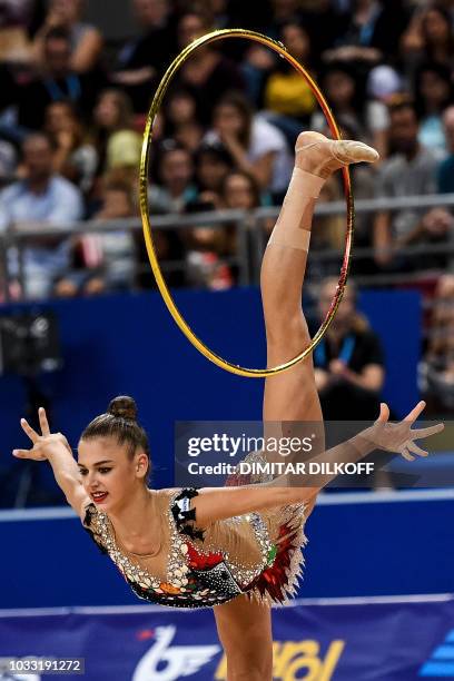 Russia's Aleksandra Soldatova performs during the individual all-around final at the World Rhythmic Gymnastics Championships at Arena Armeec in Sofia...