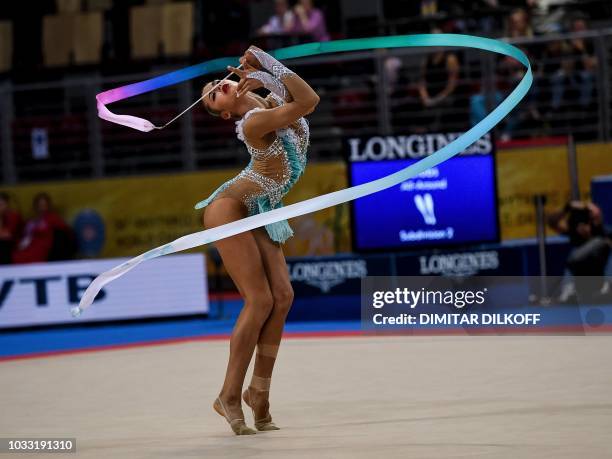 Russia's Aleksandra Soldatova performs during the individual all-around final at the World Rhythmic Gymnastics Championships at Arena Armeec in Sofia...