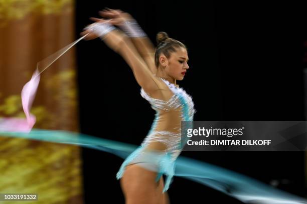 Russia's Aleksandra Soldatova performs during the individual all-around final at the World Rhythmic Gymnastics Championships at Arena Armeec in Sofia...