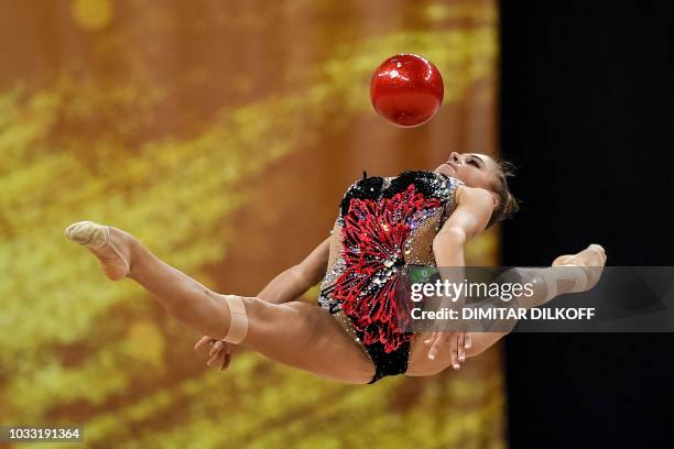 Russia's Aleksandra Soldatova performs during the individual all-around final at the World Rhythmic Gymnastics Championships at Arena Armeec in Sofia...