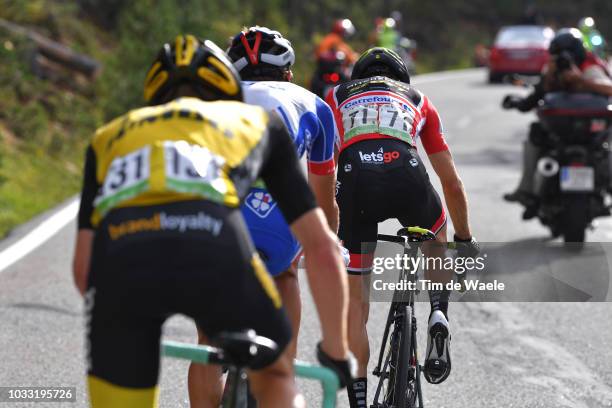 Simon Yates of Great Britain and Team Mitchelton-Scott Red Leader Jersey / Thibaut Pinot of France and Team Groupama FDJ / Steven Kruijswijk of The...