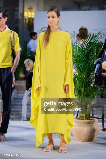 Model poses at the Johnstons of Elgin presentation during London Fashion Week September 2018 at Waldorf Hotel, on September 14, 2018 in London,...