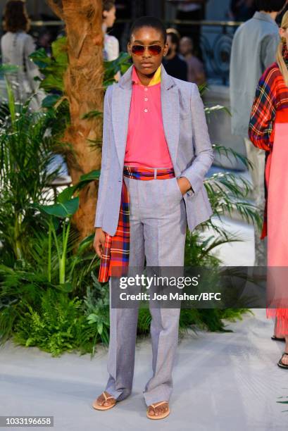 Model poses at the Johnstons of Elgin presentation during London Fashion Week September 2018 at Waldorf Hotel, on September 14, 2018 in London,...