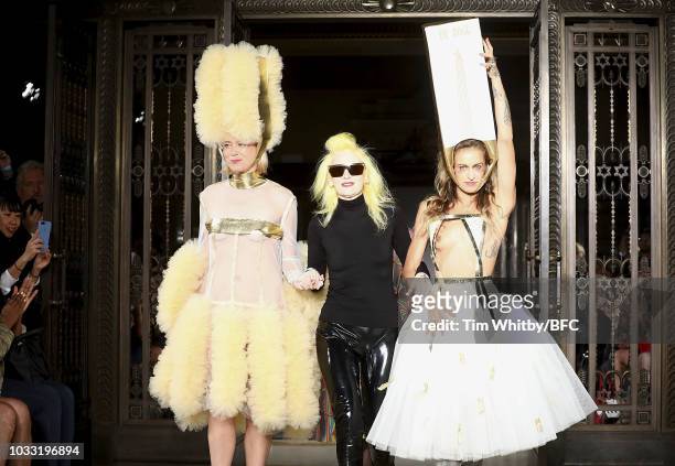 Roisin Murphy, Pam Hogg and Alice Dellal walk the finale of the Pam Hogg Show during London Fashion Week September 2018 at Freemasons Hall on...