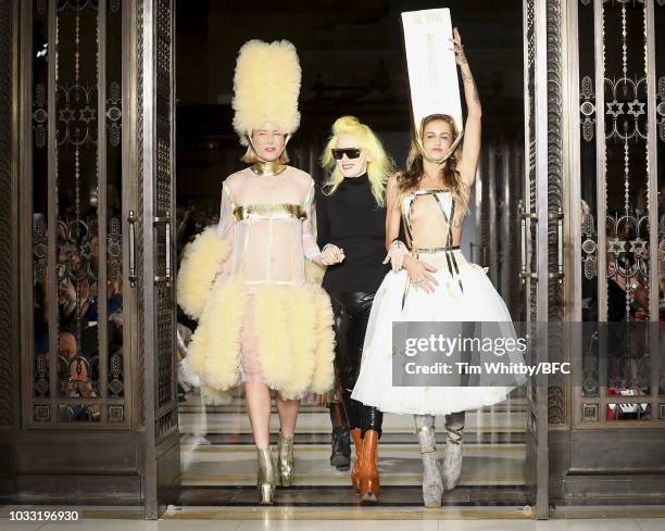 Roisin Murphy, Pam Hogg and Alice Dellal walk the finale of the Pam Hogg Show during London Fashion Week September 2018 at Freemasons Hall on...