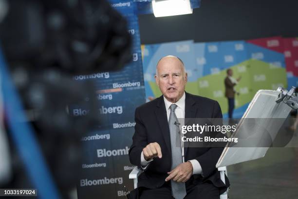 Jerry Brown, governor of California, speaks during a Bloomberg Television interview at the Global Climate Action Summit in San Francisco, California,...