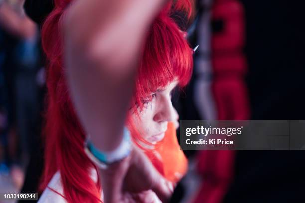 Model backstage ahead of the Pam Hogg Show during London Fashion Week September 2018 at Freemasons Hall on September 14, 2018 in London, England.