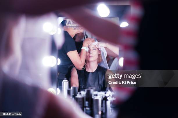 Model backstage ahead of the Pam Hogg Show during London Fashion Week September 2018 at Freemasons Hall on September 14, 2018 in London, England.