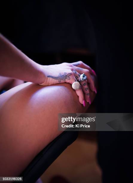 Model backstage ahead of the Pam Hogg Show during London Fashion Week September 2018 at Freemasons Hall on September 14, 2018 in London, England.