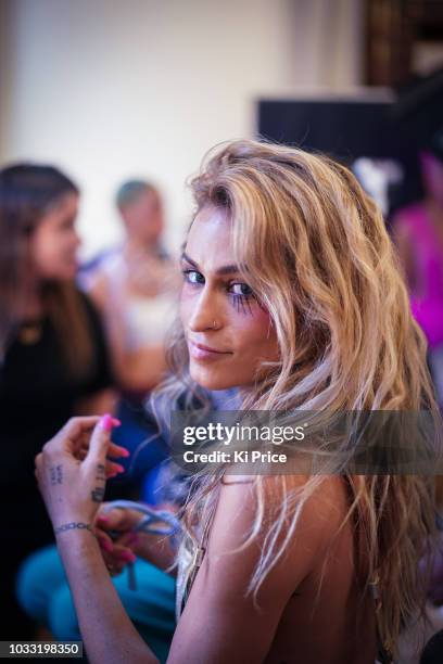 Alice Dellal backstage ahead of the Pam Hogg Show during London Fashion Week September 2018 at Freemasons Hall on September 14, 2018 in London,...