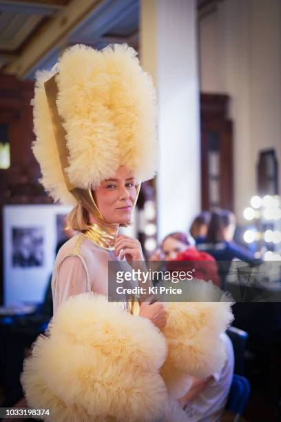 Model backstage ahead of the Pam Hogg Show during London Fashion Week September 2018 at Freemasons Hall on September 14, 2018 in London, England.