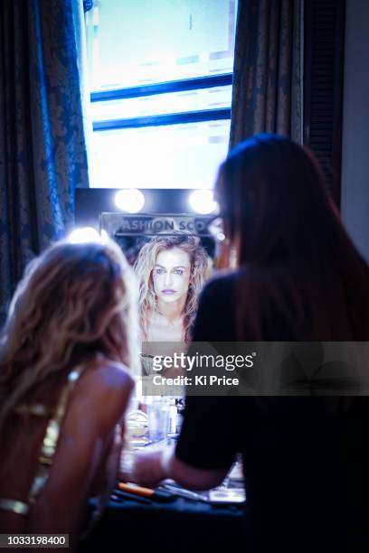 Alice Dellal backstage ahead of the Pam Hogg Show during London Fashion Week September 2018 at Freemasons Hall on September 14, 2018 in London,...