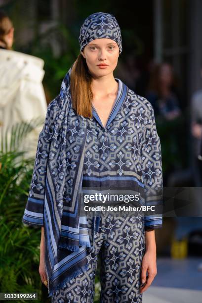 Model poses at the Johnstons of Elgin presentation during London Fashion Week September 2018 at Waldorf Hotel, on September 14, 2018 in London,...