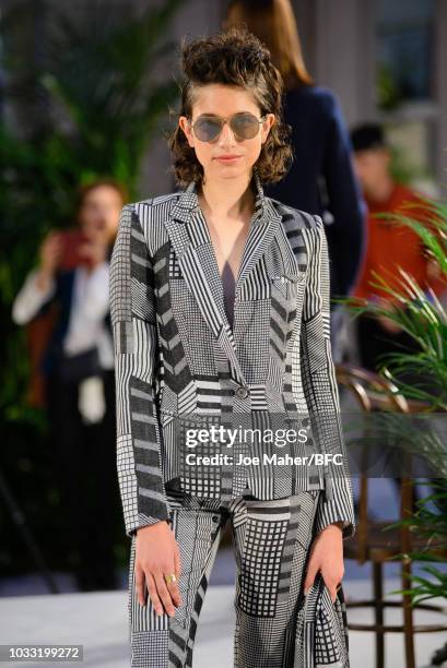 Model poses at the Johnstons of Elgin presentation during London Fashion Week September 2018 at Waldorf Hotel, on September 14, 2018 in London,...