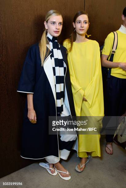 Models backstage ahead of the Johnstons of Elgin presentation during London Fashion Week September 2018 at Waldorf Hotel on September 14, 2018 in...
