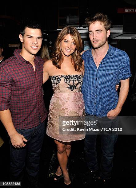 Actors Taylor Lautner, Ashley Greene and Robert Pattinson attend the 2010 Teen Choice Awards at Gibson Amphitheatre on August 8, 2010 in Universal...