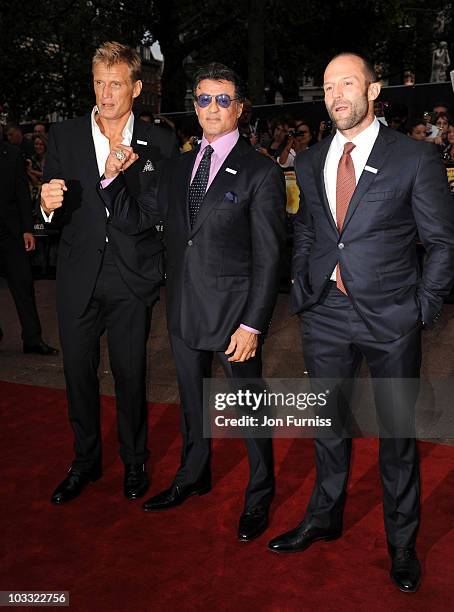 Dolph Lundgren and Sylvester Stallone and Jason Statham attends the UK premiere of The Expendables at Odeon Leicester Square on August 9, 2010 in...