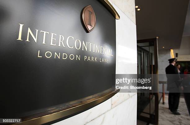 Sign for the InterContinental Hotel, operated by the InterContinental Hotels Group Plc, sits on display at the hotel in Park Lane, London, U.K., on...