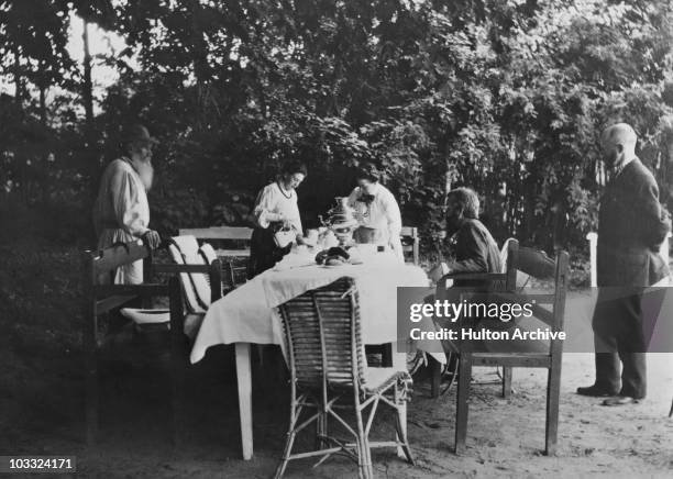 Russian writer Leo Tolstoy with his secretary Vladimir Chertkov at Yasnaya Polyana, Tolstoy's home outside Moscow, circa 1906.