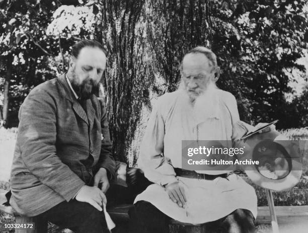 Russian writer Leo Tolstoy with his secretary Vladimir Chertkov at Yasnaya Polyana, Tolstoy's home outside Moscow, circa 1906.