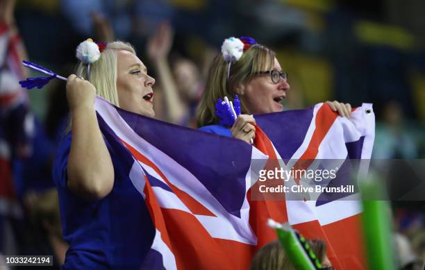 Great Britain fans cheer on Cameron Norrie of Great Britain in his match against Jurabek Karimov of Uzbekistan during day one of the Davis Cup match...