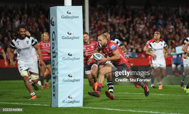 Gloucester wing Charlie Sharples goes through to score the second Gloucester try during the Gallagher Premiership Rugby match between Gloucester...