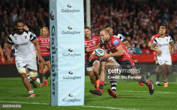 Gloucester wing Charlie Sharples goes through to score the second Gloucester try during the Gallagher Premiership Rugby match between Gloucester...
