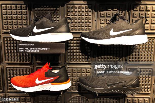 Nike shoes are displayed at a Nike store on September 14, 2018 in San Francisco, California. A week after Nike released a "Just Do It" ad campaign...