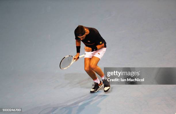 Cameron Norrie of Great Britain reacts in his match against Jurabek Karimov of Uzbekistan during day one of the Davis Cup by BNP Paribas World Group...