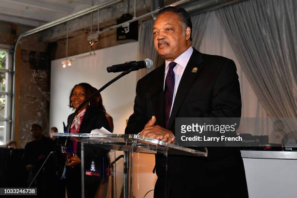 Reverend Jesse Jackson speaks at IMPACT Strategies and D&P Creative Strategies Tech & Media day party and brunch at Longview Gallery on September 14,...