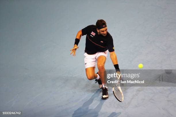 Cameron Norrie of Great Britain in action in his match against Jurabek Karimov of Uzbekistan during day one of the Davis Cup by BNP Paribas World...