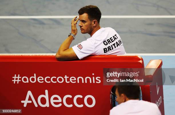 Great Britain captain Leon Smith is seen during the match between Cameron Norrie and Jurabek Karimov of Uzbekistan during day one of the Davis Cup by...