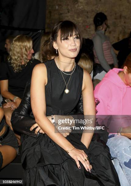 Daisy Lowe attends the Ashley Williams presentation during London Fashion Week September 2018 at the House of Vans on September 14, 2018 in London,...