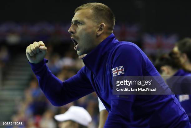 Dan Evans reacts during Cameron Norrie's match against Jurabek Karimov of Uzbekistan during day one of the Davis Cup by BNP Paribas World Group...
